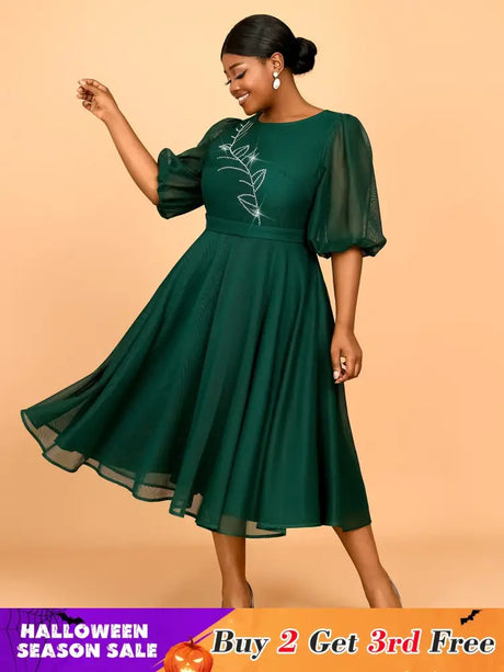 AOMEIDRESS Puff Sleeve Plaid A Line Dress with Rhinestone Office Style