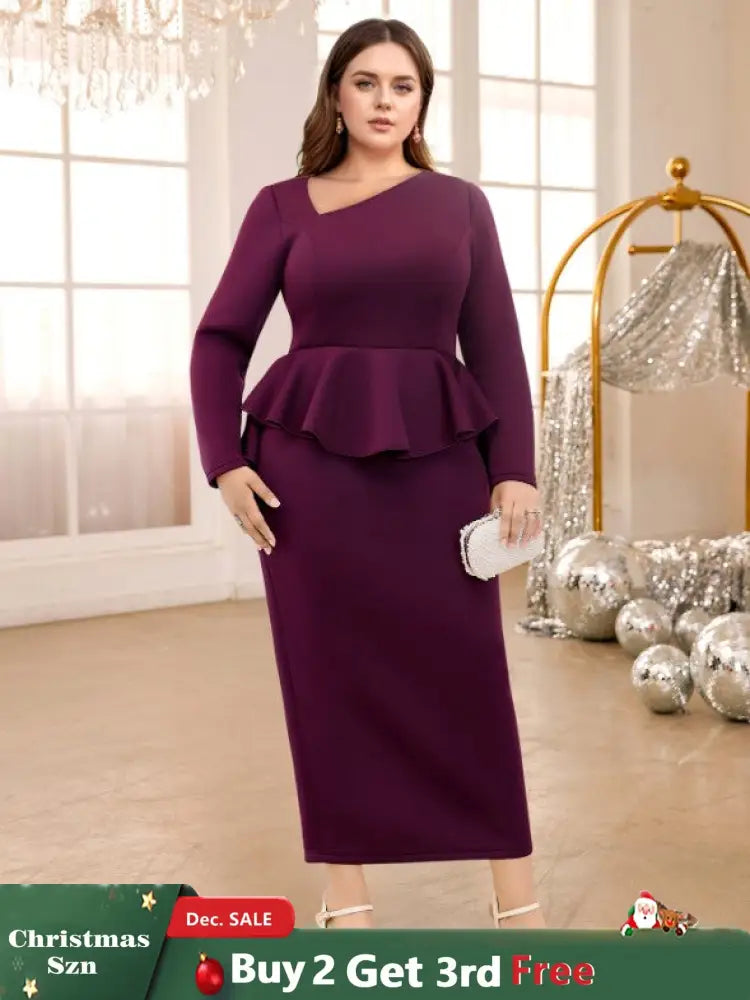 AOMEIDRESS Purple maxi Dress Asymmetrical Neck Long Sleeve Peplum Purple / S