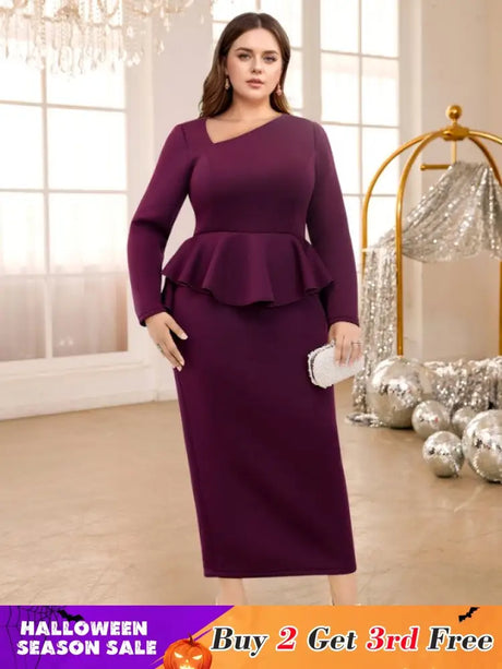 AOMEIDRESS Purple maxi Dress Asymmetrical Neck Long Sleeve Peplum Purple / S