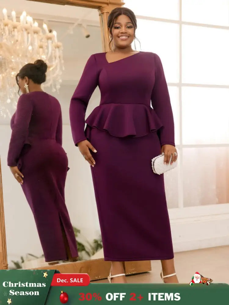 AOMEIDRESS Purple Pencil Dress Asymmetrical Neck Long Sleeves Ruffles Purple / S