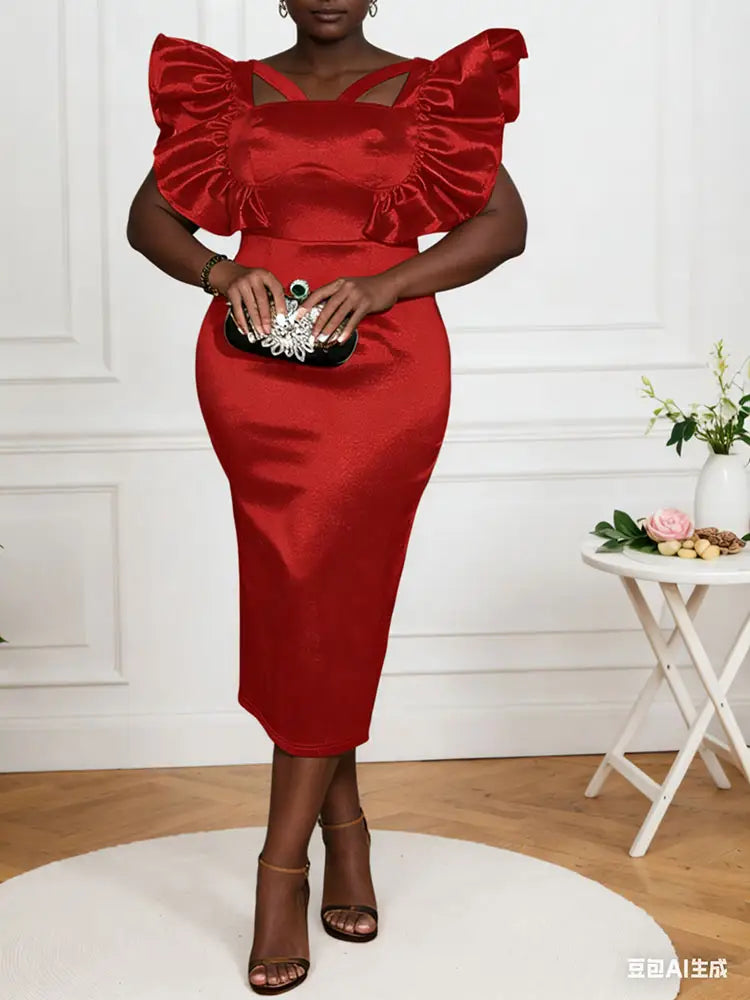 AOMEIDRESS Purple Short Sleeve Dress Flying Sleeveless Hollow Midi Red / S