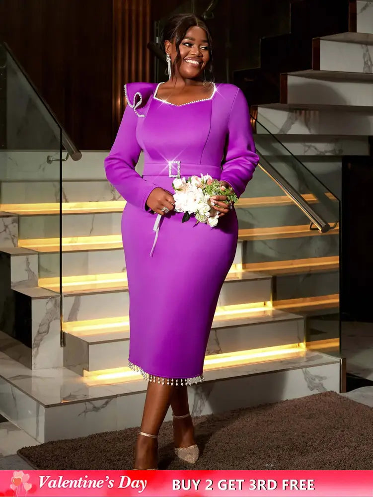 AOMEIDRESS Purple Wedding Guest Dress Long Sleeve Pearl Chain