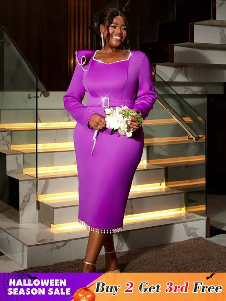 AOMEIDRESS Purple Wedding Guest Dress Long Sleeve Pearl Chain
