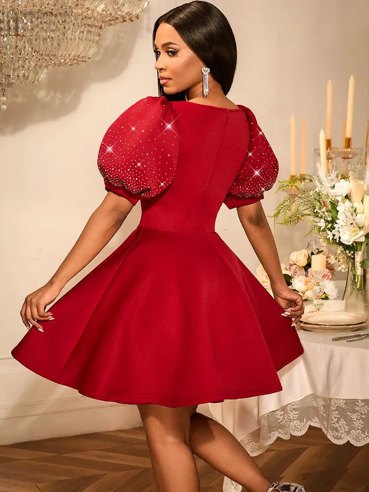 AOMEIDRESS Red Birthday Dress Short Sleeve A Line Pleated Mini Dress
