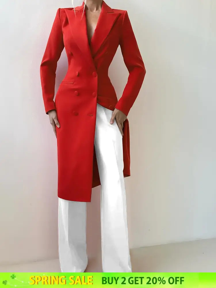 AOMEIDRESS Red Double Breasted V Neck Long Blazer Coat Office Wear