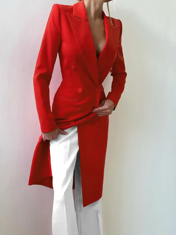 AOMEIDRESS Red Double Breasted V Neck Long Blazer Coat Office Wear