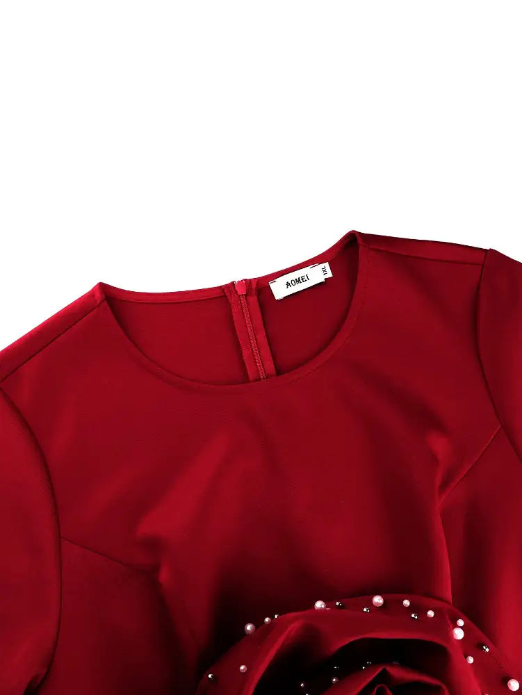 AOMEIDRESS Red Elegant Bodycon Dress 3D Floral Pearl New Year Gowns