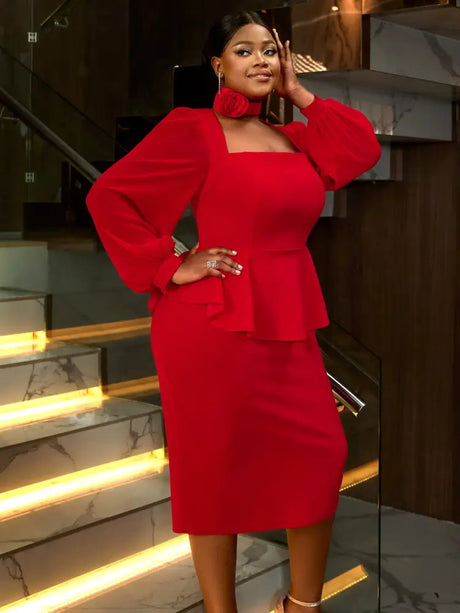 AOMEIDRESS Red Midi Wedding Guest Dress Long Sleeve Floral Fit