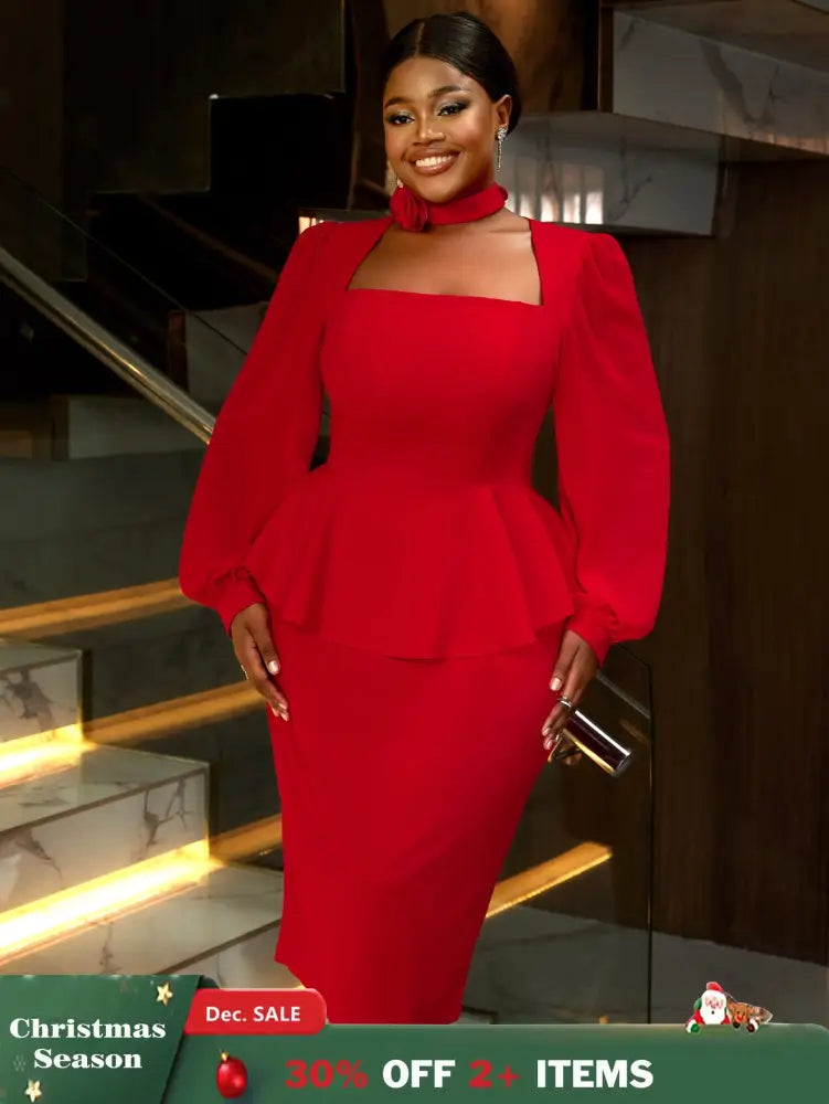 AOMEIDRESS Red Midi Wedding Guest Dress Long Sleeve Floral Trim Fit