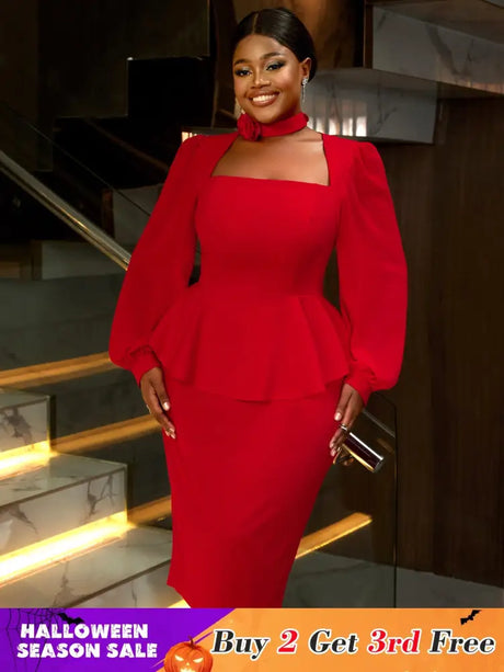 AOMEIDRESS Red Midi Wedding Guest Dress Long Sleeve Floral Trim Fit