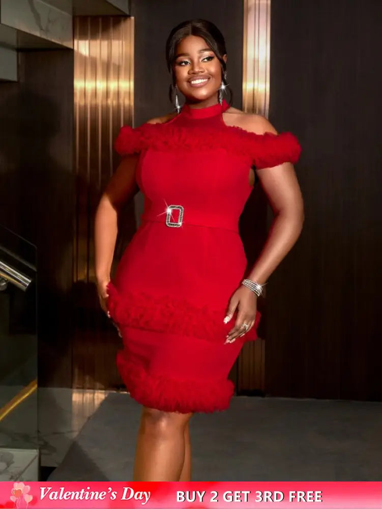 AOMEIDRESS Red Mini Dress Halter Cold Shoulder Patchwork Mesh Ruffles Red / S