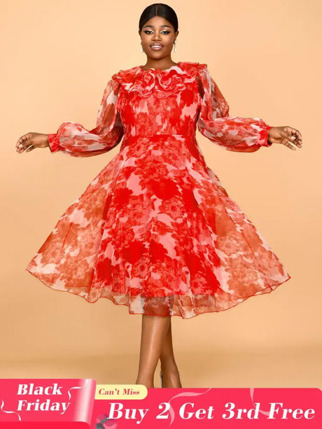 AOMEIDRESS Red Print Round Neck Puff Sleeve Wedding Party Dress Flouncy