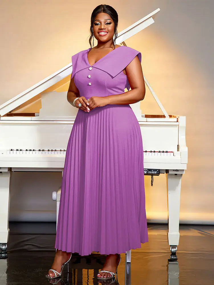 AOMEIDRESS Red V Neck Sleeveless Button High Waist Long Pleated Dress Purple / 0XL