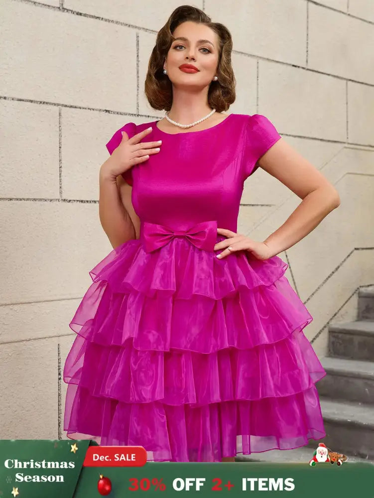 AOMEIDRESS Retro A Line Tiered Dress with Bow Round Neck Design