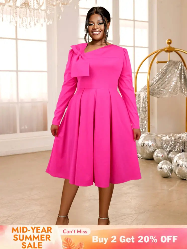 AOMEIDRESS Rose A Line Dress Asymmetrical Neck Bowtie Long Sleeves Rose / S