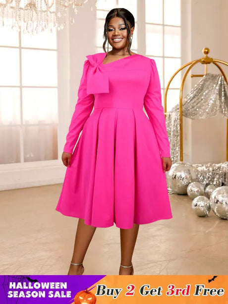 AOMEIDRESS Rose A Line Dress Asymmetrical Neck Bowtie Long Sleeves Rose / S