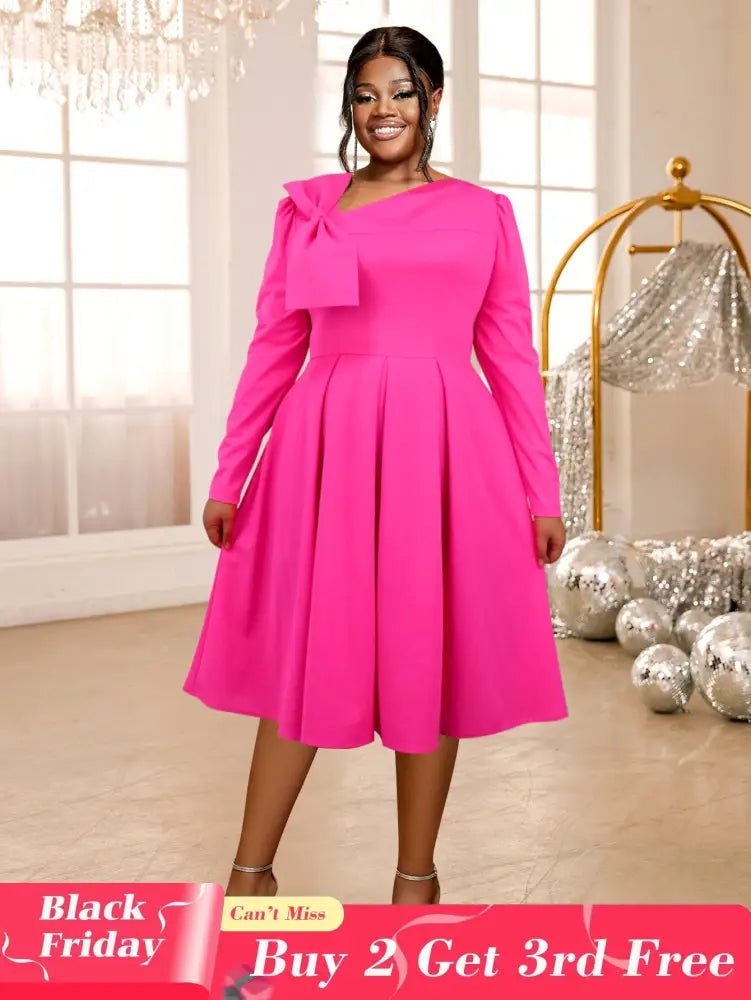 AOMEIDRESS Rose A Line Dress Asymmetrical Neck Bowtie Long Sleeves Rose / S