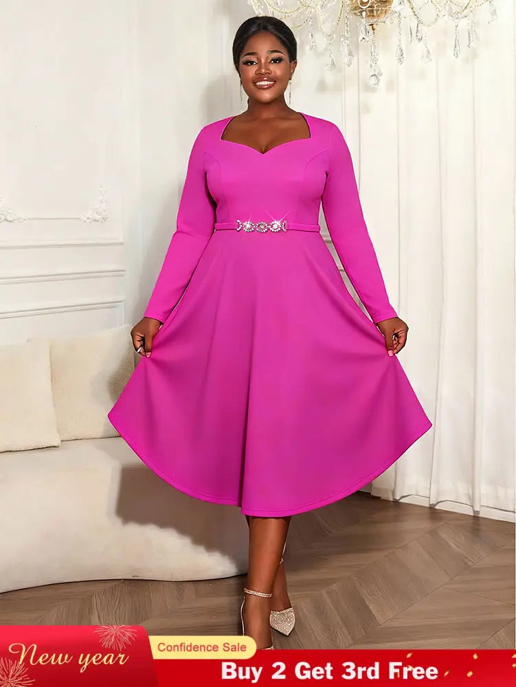 AOMEIDRESS Rose A Line Pleated Church Dress Long Sleeve Diamond Belt Rose / L