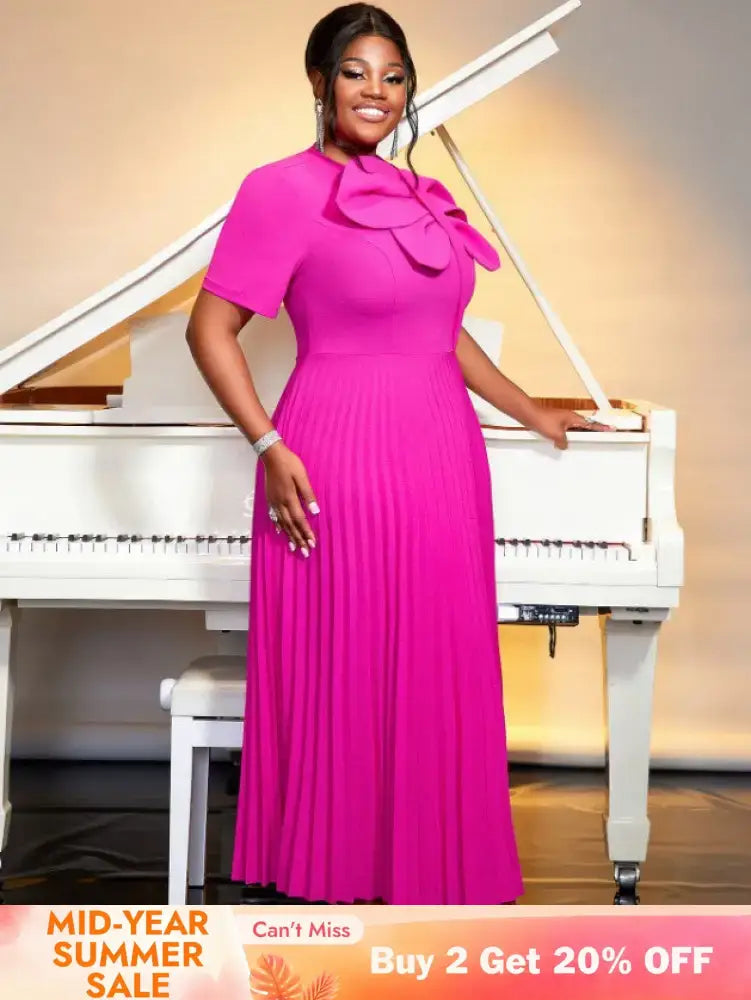 AOMEIDRESS Rose Casual Dresses O Neck Ankle Length Short Sleeves Pleated Big Bow