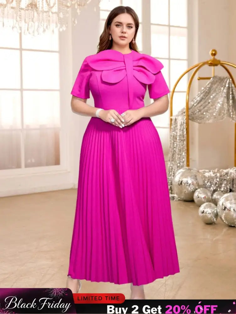 AOMEIDRESS Rose Pleated Dress O Neck Short Sleeves Big Bow High Waist Rose / S