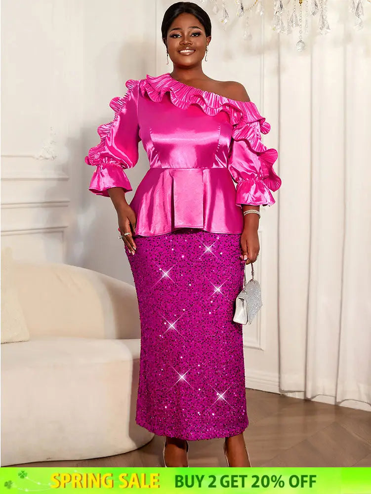 AOMEIDRESS Rose Satin One Shoulder Ruffled Top and Sequin Skirt Set Rose / L