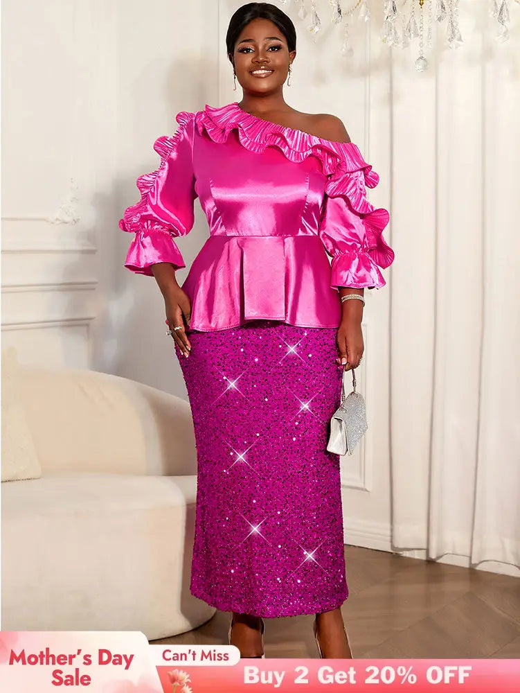 AOMEIDRESS Rose Satin One Shoulder Ruffled Top and Sequin Skirt Set Rose / L