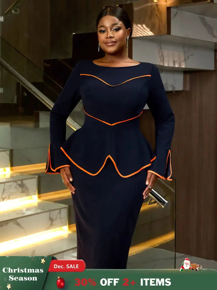 AOMEIDRESS Round Neck Commuter Flare Long Sleeve Dress in Navy