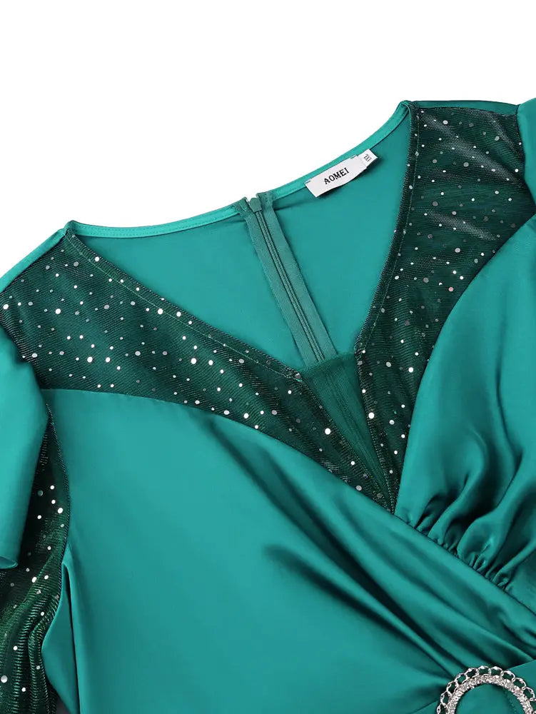 AOMEIDRESS Satin Dress V Neck Sequin Mesh Puff Ruffle Long Sleeve