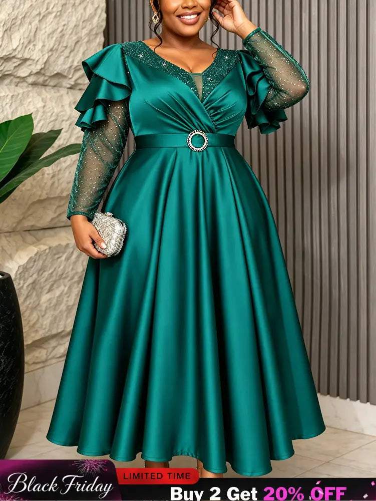 AOMEIDRESS Satin Dress V Neck Sequin Mesh Puff Ruffle Long Sleeve - LakeGreen / L