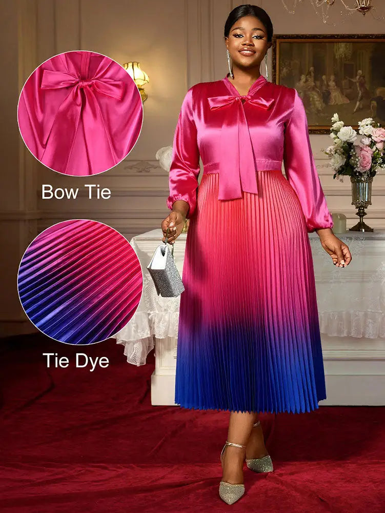 AOMEIDRESS Satin Gradient A Line Dress Bow Collar Lantern Sleeves