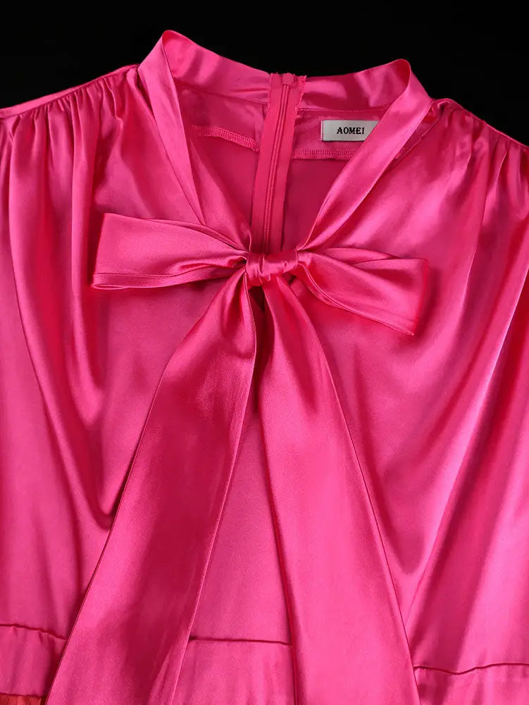 AOMEIDRESS Satin Gradient A Line Dress Bow Collar Lantern Sleeves