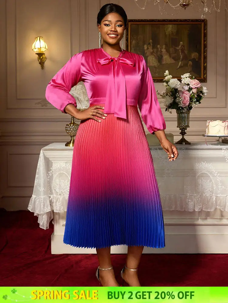 AOMEIDRESS Satin Gradient A Line Dress Bow Collar Lantern Sleeves Rose / L