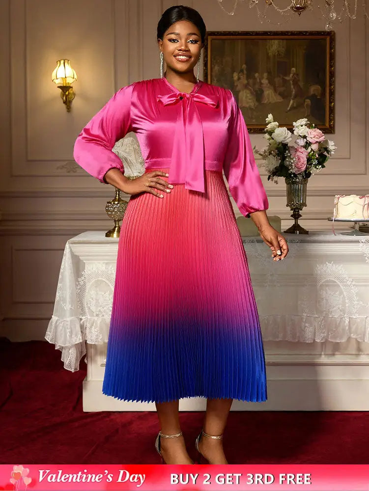 AOMEIDRESS Satin Gradient A Line Dress Bow Collar Lantern Sleeves Rose / L