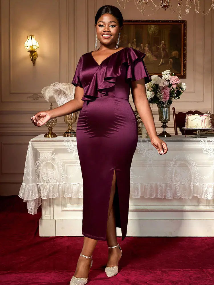 AOMEIDRESS Satin Package Hip Dress V Neck Ruffles Split Party Gown