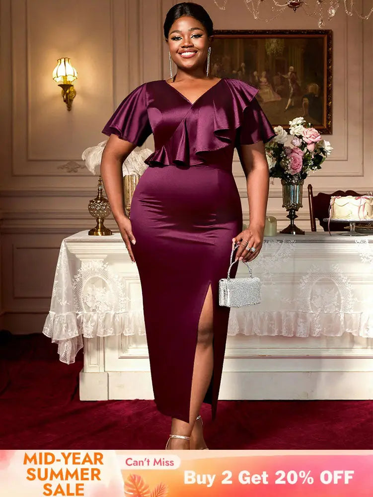 AOMEIDRESS Satin Package Hip Dress V Neck Ruffles Split Party Gown Wine / S