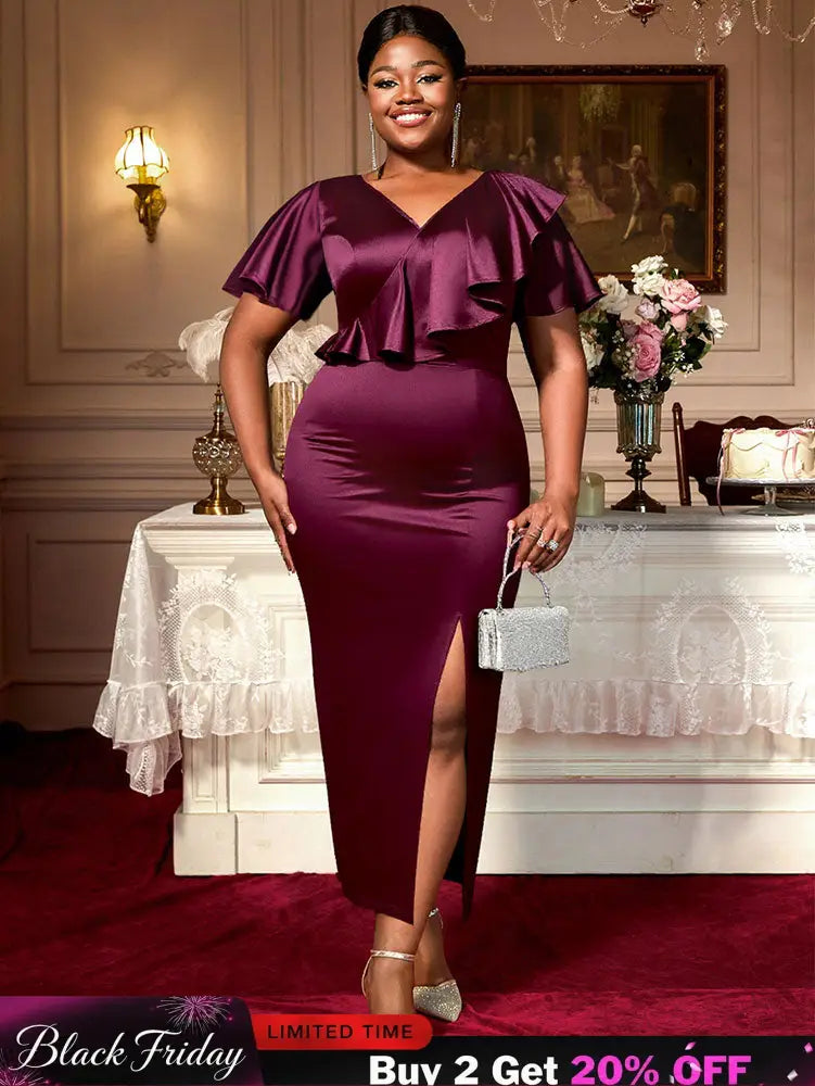 AOMEIDRESS Satin Package Hip Dress V Neck Ruffles Split Party Gown Wine / S