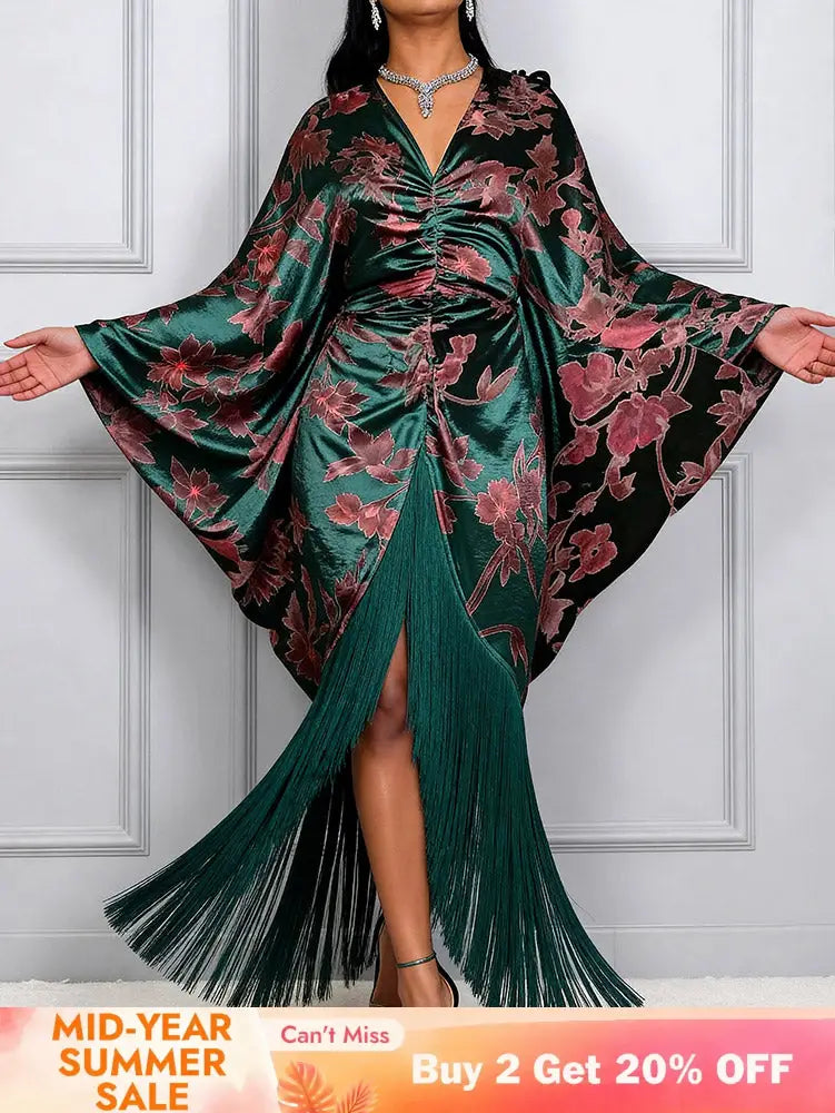 AOMEIDRESS Satin Printer BuBu Dress V Neck Long Batwing Sleeve Fringe - DarkGreen / OneSize