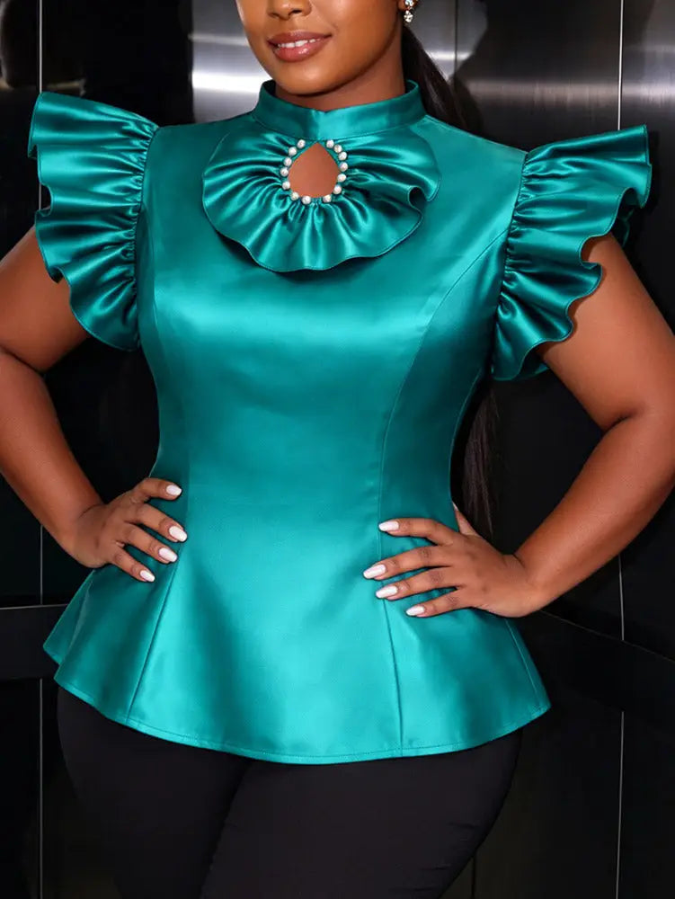 AOMEIDRESS Satin Tops Flying Ruffles Sleeves Hollow Out Beading Party