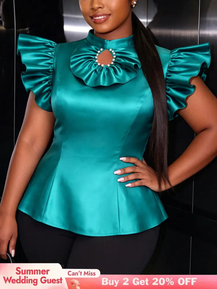 AOMEIDRESS Satin Tops Flying Ruffles Sleeves Hollow Out Beading Party - LakeGreen / S