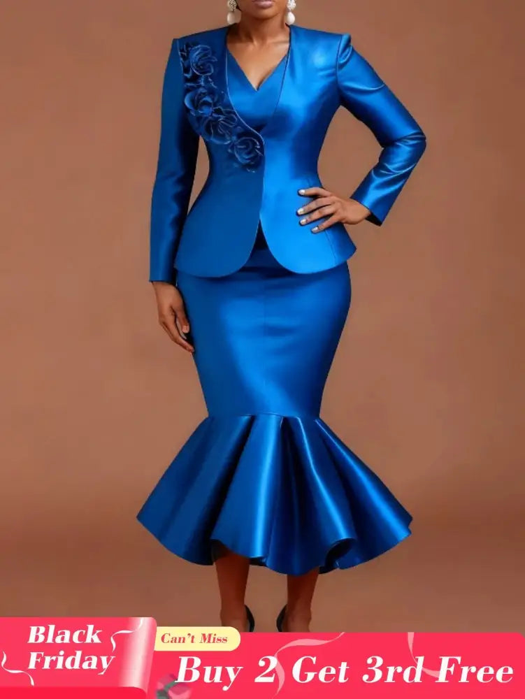 AOMEIDRESS Satin Two Pieces Set Peplum Blazer Tank Mermaid Dress