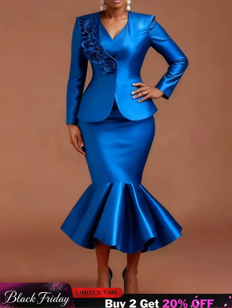 AOMEIDRESS Satin Two Pieces Set Peplum Blazer Tank Mermaid Dress
