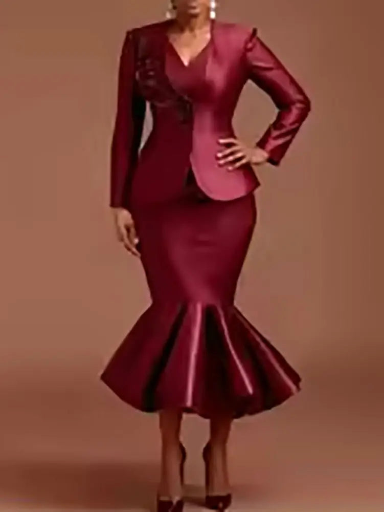 AOMEIDRESS Satin Two Pieces Set Peplum Blazer Tank Mermaid Dress Wine / S