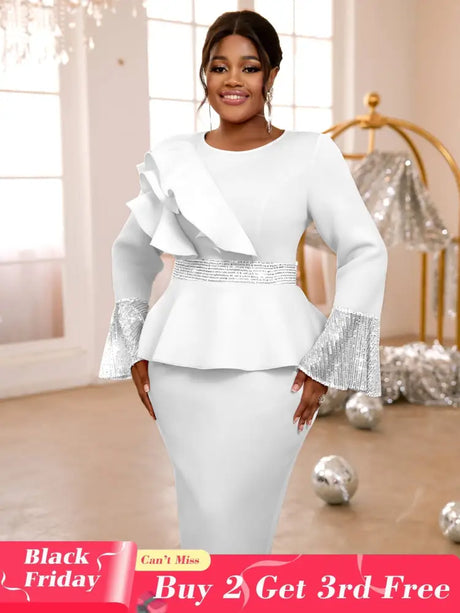 Sequined Peplum Church Dress with Ruffled Long Flare Sleeves