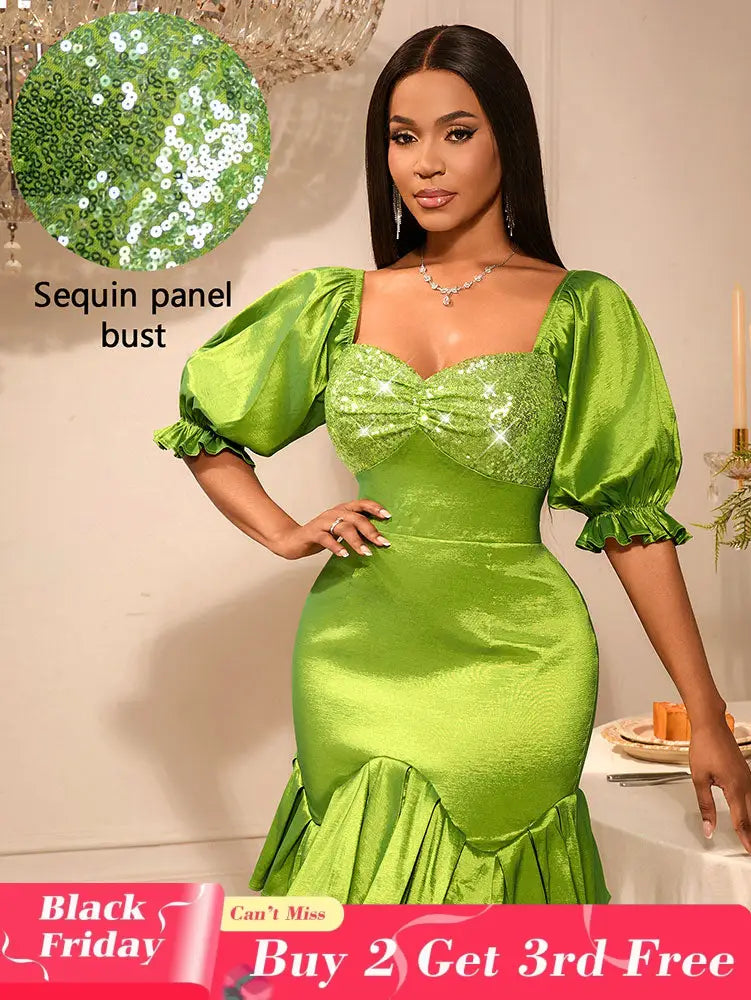 AOMEIDRESS Sequins Mini Sweetheart Collar Dresses For Wedding Guests Green / S