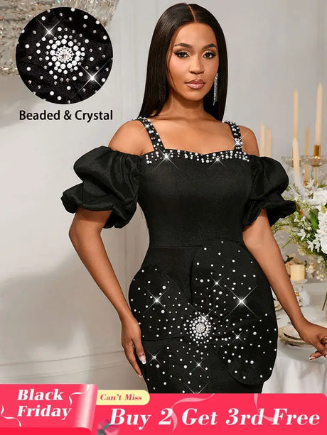 AOMEIDRESS Sexy Beaded Off Shoulder Mini Dresses For Club 3D Flower Black / S