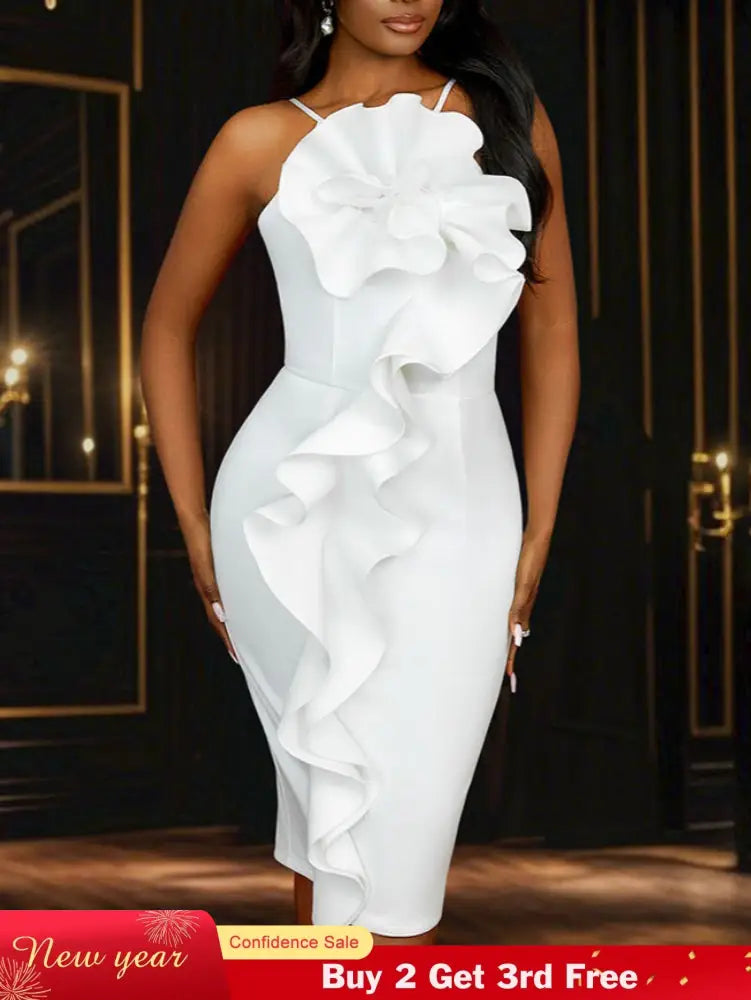 AOMEIDRESS Sexy Halter Bodycon Dress Ruffles for Event Party Weddings White / S