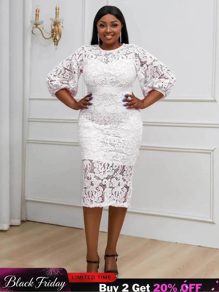 AOMEIDRESS Sexy Lace Bodycon Midi White Cocktail Dress for Women White / S