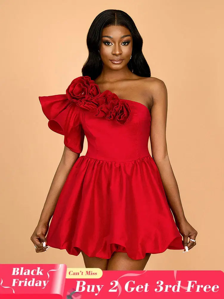 AOMEIDRESS Sexy One Shoulder Wedding Guest A Line Mini Dresses Red / S