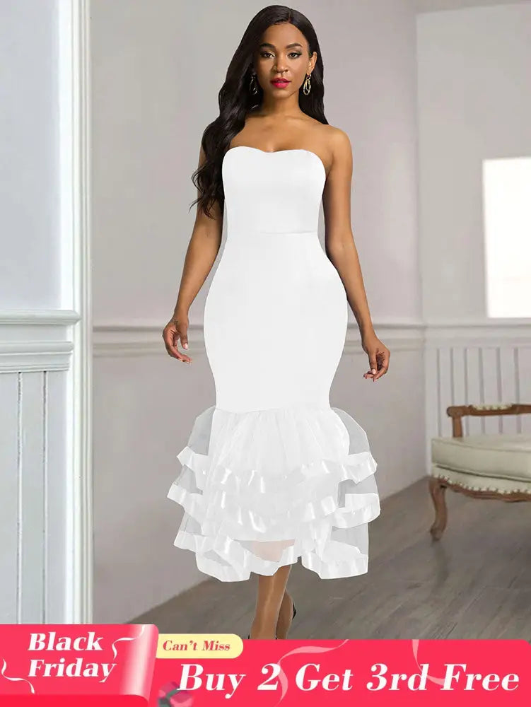 AOMEIDRESS Sexy Wedding Guests Dresses Strapless Backless Ruffle White / S