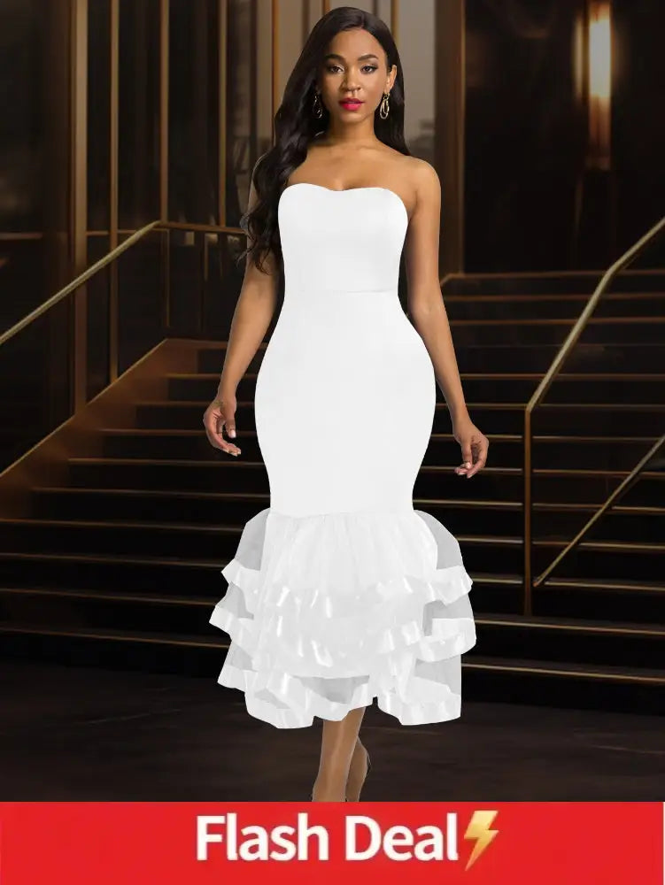 AOMEIDRESS Sexy Wedding Guests Dresses Strapless Backless Ruffle White / S